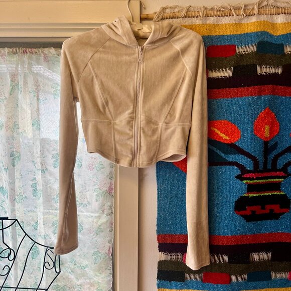 Out From Under Velour Cropped Corset Zip-Up Hoodie Ivory Size M Urban Outfitters - Picture 2 of 15